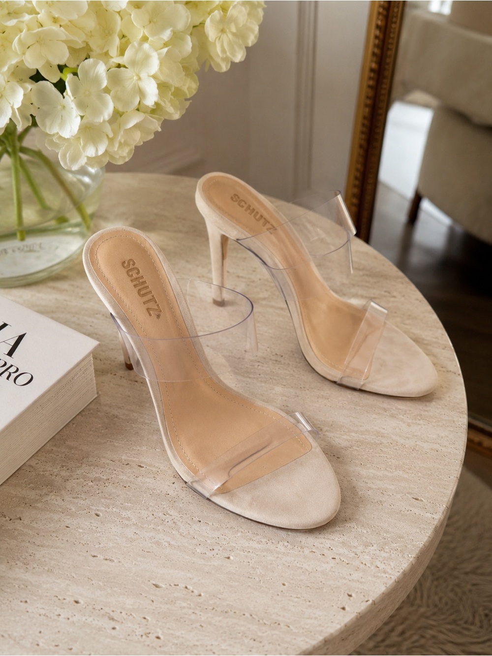 Schutz Ariella Clear Strap Nude Suede Heels Size 8B | Barely Worn